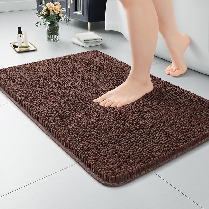 LOCHAS Luxury Bathroom Rug Shaggy Bath Mat 24 x 17 Inch, Washable Non Slip Bath Rugs for Bathroom Shower, Soft Plush Chenille Absorbent Carpets Mats, Brown