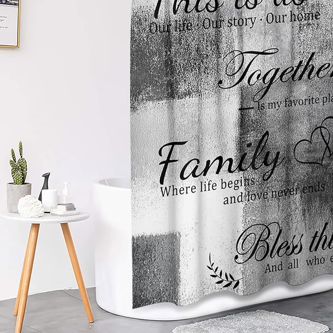 Family Home Motivational Shower Curtain Set with Toilet Lid Cover and Non-Slip Rugs for Bathroom, Grey White Abstract Painting Art 4 Pcs Shower Curtain, Modern Bathroom Set with 12 Hooks