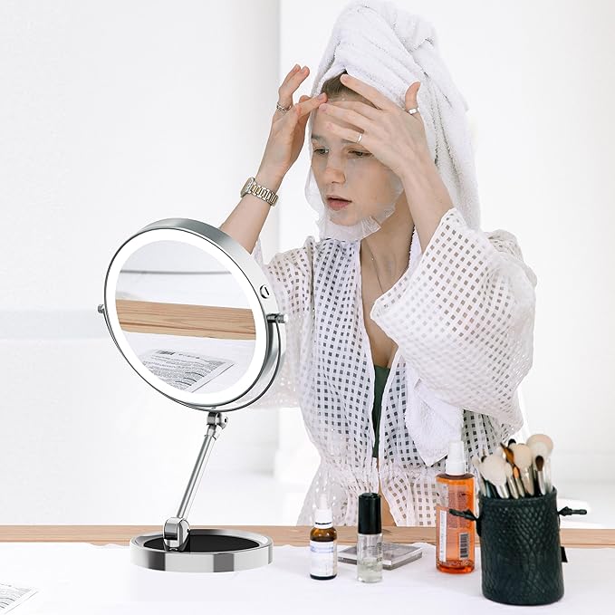 Rocollos 9" Large Lighted Makeup Mirror with 1X/10X Magnification, 4000mAh Rechargeable Vanity Mirror with Height Adjustable & 3 Color Dimmable Lights (9 Inch Chrome)