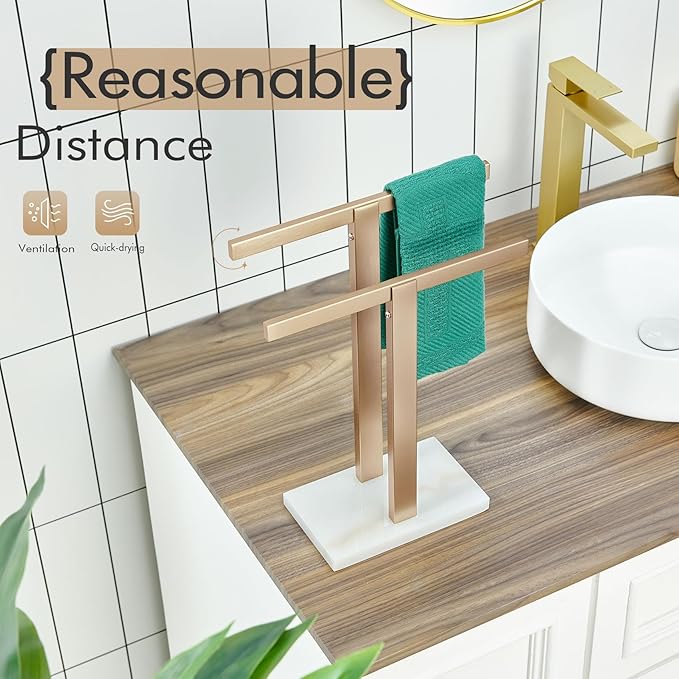KOKOSIRI Hand Towel Bars Standing Towel Racks with Marble Base for Bathroom Kitchen Vanity Countertop, Champagne Bronze Stainless Steel 15.7'' Height THS0001-SM-CPG