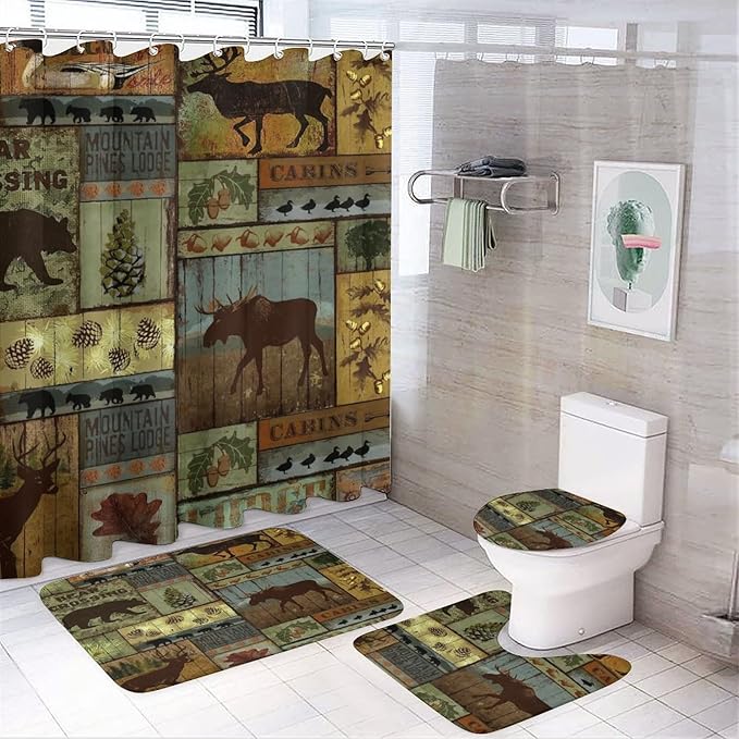 Retro Rustic Style Shower Curtain Sets with Rugs 4 Piece Accessories Bathroom Curtains Shower Set Include Shower Curtain Non-Slip Rug Toilet Lid Cover Bath Mat One Size