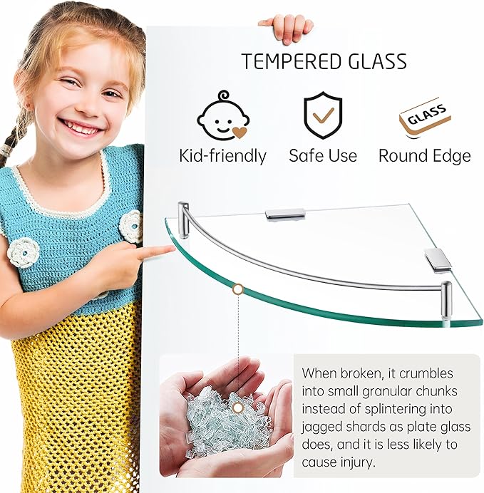 KES Glass Corner Shelf with Hooks 18/8 Stainless Steel, Tempered Glass Bathroom Corner Shelf with Rail, Shower Glass Shelf 3 Pack Wall Mounted, Brushed Finish, BGS2101A-2-P3