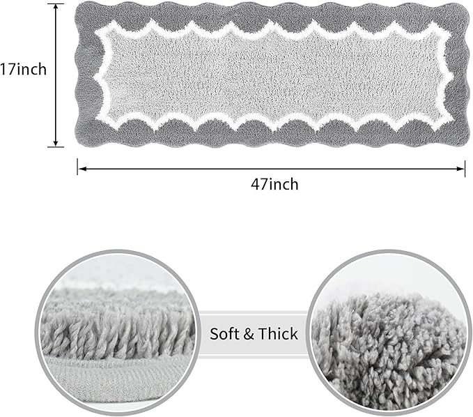 Scalloped Grey Bathroom Rugs Mat,Non Slip Absorbent Quick Dry Bath Mats for Shower Room,Plush Microfiber Bath Rug for Bathroom Floor Washable Carpet for Shower Tub Sink Bedroom,17"x47"