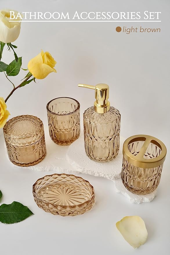 LaMarriti Brown Bathroom Accessories Set, 5Pcs Glass Bathroom Set, Lotion Soap Dispenser, Toothbrush Holder, Soap Dish, Qtips Holder, Tumbler for Crystal Vintage Bathroom Decor, Gift Set