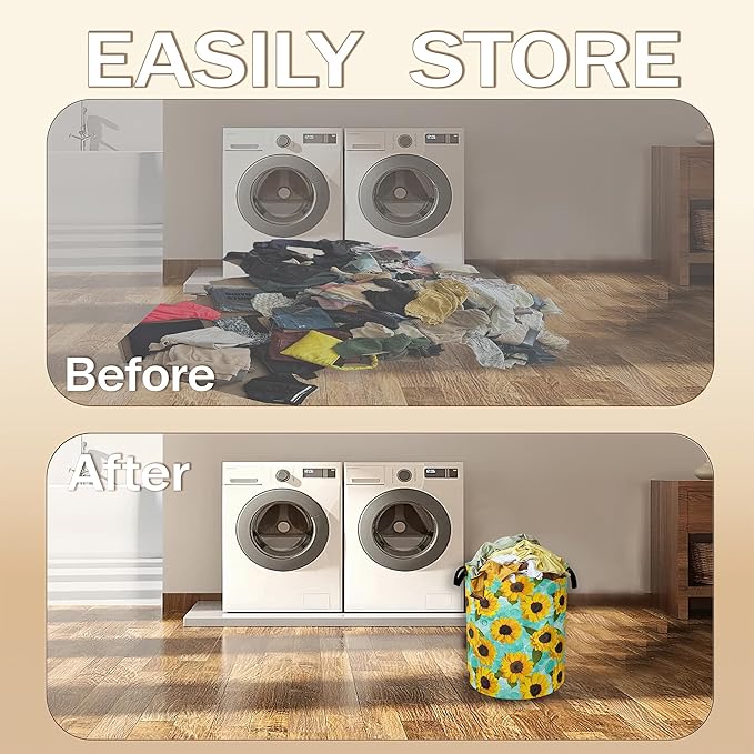 Yellow Sunflowers Laundry Hamper,Summer Floral Clothes Hamper for Laundry,Waterproof Oxford Toy Storage Collapsible Hampers for Bedroom, Dorm Room,Bathroom,16x20 Inch