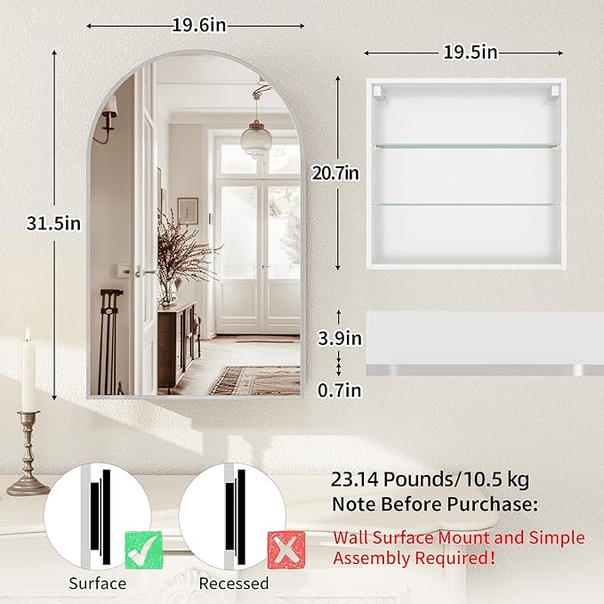 FKWin 20 x 32 Inch Arched Bathroom Medicine Cabinet with Mirror, Silver Surface Mount Wall Bathroom Cabinet, Vanity Mirror with Storage,Bathroom Medicine Cabinet with Adjustable Glass Shelf
