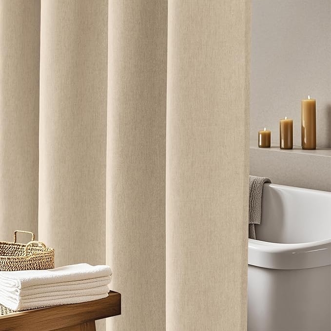 60 x 66 inch Taupe Short Fabric Shower Curtain Water-Resistant, Faux Linen Textured Farmhouse Shower Curtain Heavyweight, 60''W Washable Small Bathroom Curtain Tan for Rv Trailer