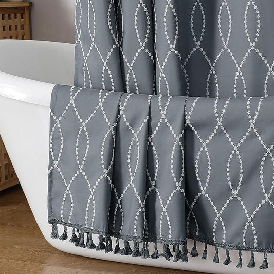 OVZME Dark Grey Shower Curtain for Bathroom, Puff Printed Textured Shower Curtain with Tassels, Rustic Geometry Heavy Duty Vintage Country Bathroom Curtain, Water Resistant Fabric, 72Wx72L Inches
