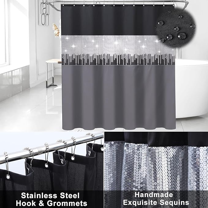 XLHOMO Black Bathroom Accessories with Glitter Shower Curtain,Towel Set 24 PCS Bathroom Set with Shower Curtain Set Bathroom Set Black Shower Curtain with Bathroom Trash Can