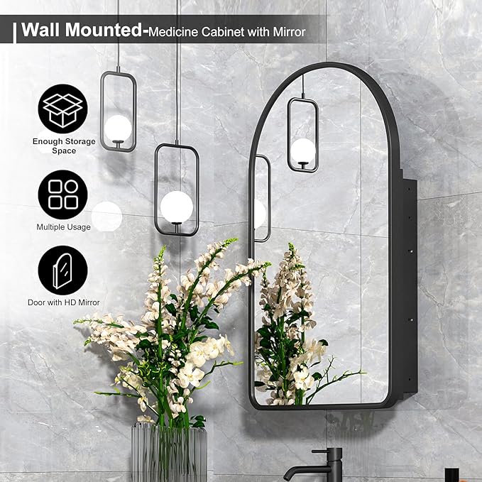 Arched Medicine Cabinet with Mirror,20x31 Inch Black Recessed Bathroom Cabinet, Modern Mirror Cabinet Surface Mount,Black Arched Medicine Cabinet with Storage,Adjustable Shelves