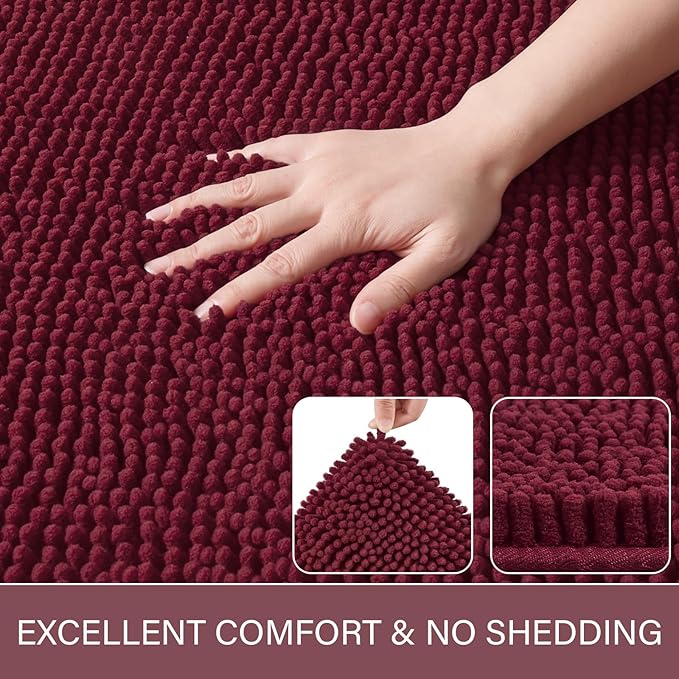 LOCHAS Luxury Bathroom Rug Shaggy Bath Mat 24 x 60 Inch, Washable Non Slip Bath Rugs for Bathroom Shower, Soft Plush Chenille Absorbent Carpets Mats, Burgundy