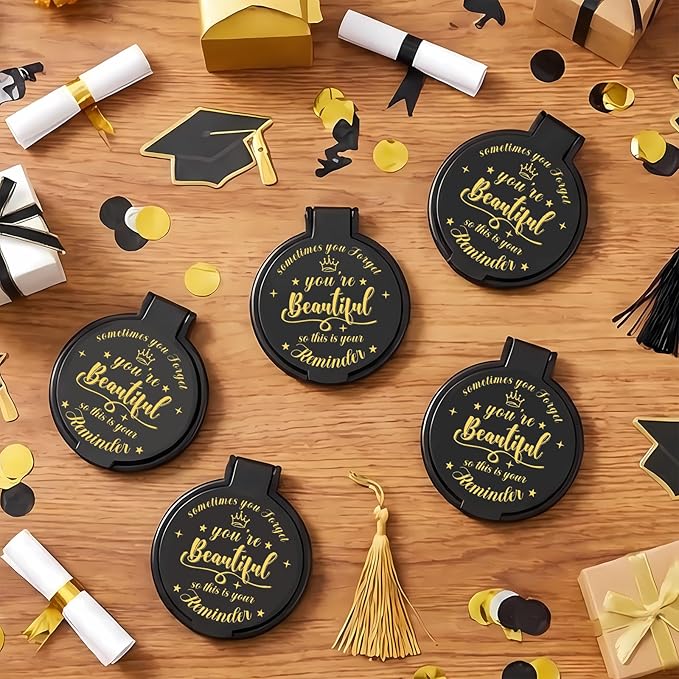 72 Pcs 2.76 Inch Inspirational Compact Mirror Bulk Women Small Gifts Graduation Party Favors Purse Mirror Pocket Mini Stuffer Items for Adult Coworker Cheerleader Employee (Black)