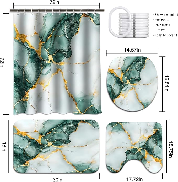 Lnond 4Pcs Marble Bathroom Sets with Shower Curtain and Rugs,Green Gold Marble Modern Art Bathroom Shower Curtain Sets with Rugs and Accessories