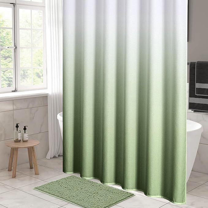 MitoVilla Sage Green Ombre Waffle Fabric Shower Curtain, Modern Waffle Weave Textured Shower Curtains for Luxury Rustic Bathroom Decor, Vintage Weighted Bathroom Shower Curtain, 72 x 72