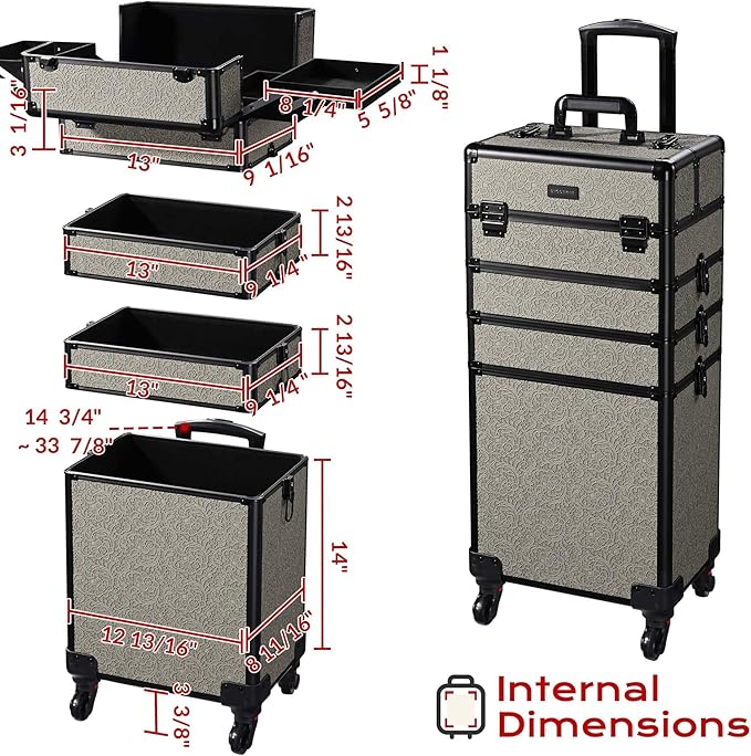 BYOOTIQUE Makeup Train Case Trolley w/Cube Case Cosmetic Organizer Rococo Gray