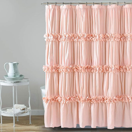 Peach Ruffle Shower Curtain, Vintage Handcrafted Bow Tie Bath Curtain for Master Bathroom, Ruched Microfiber Bathroom Curtain with 12 Buttonholes, 72" W x 84" H (LQ-10)