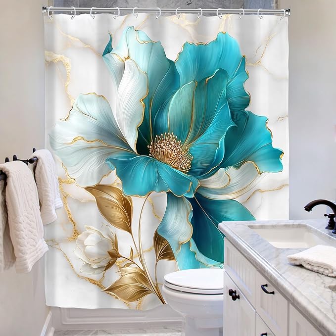 Riyidecor Teal Gold Marble Floral Shower Curtain for Bathroom Decor 60Wx72H Modern Turquoise Ombre Flower Abstract Luxury Minimalist Art Printed Fabric Polyester Waterproof 12 Pack Plastic Hooks
