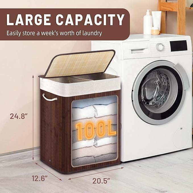 Aliphon 100L Laundry Hamper with lid, 2-Section Clothes Laundry Basket with Handles, Large Collapsible Bamboo Baskets for Bedroom, Bathroom, Dorm, Brown