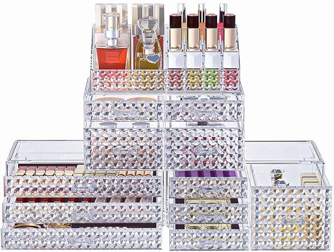 Awenia 4 Pack Stackable Makeup Organizer[Upgraded],Acrylic Cosmetics Storage Large Capacity with 11 Drawers For Brush Holder,Perfume or Jewelry Display,Plus Size| Ship from USA(Clear)