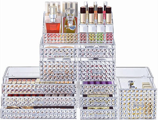Awenia 4 Pack Stackable Makeup Organizer[Upgraded],Acrylic Cosmetics Storage Large Capacity with 11 Drawers For Brush Holder,Perfume or Jewelry Display,Plus Size| Ship from USA(Clear)