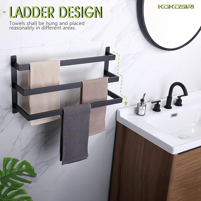 KOKOSIRI Towel Bars Black Bath Towel Holders Bathroom 3-Tiers Ladder Towel Rails Wall Mounted Towels Shelves Rack Stainless Steel, B5006BK-L24