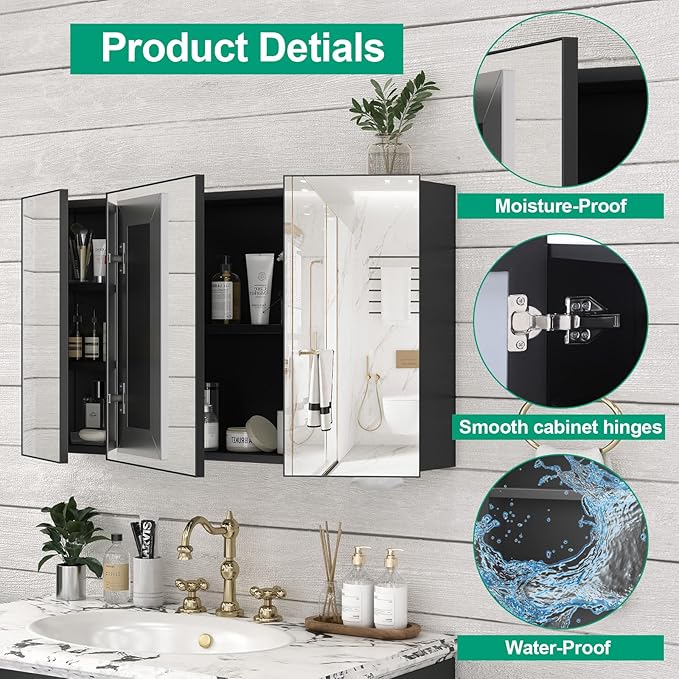 40 x 28 Farmhouse Medicine Cabinet, Tempered Frameless Bathroom Mirror with Storage, Black Recessed or Surface Mount Aluminum Medicine Cabinet for Bathroom Modern-Large