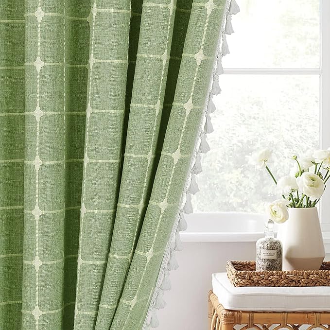 MitoVilla Sage Green Boho Extra Long Shower Curtain 72 x 84, Modern Farmhouse 84 inch XL Rustic Polyester Linen Tassel Heavy Duty Shower Curtain Set with Hooks for Cottagecore Country Bathroom Decor