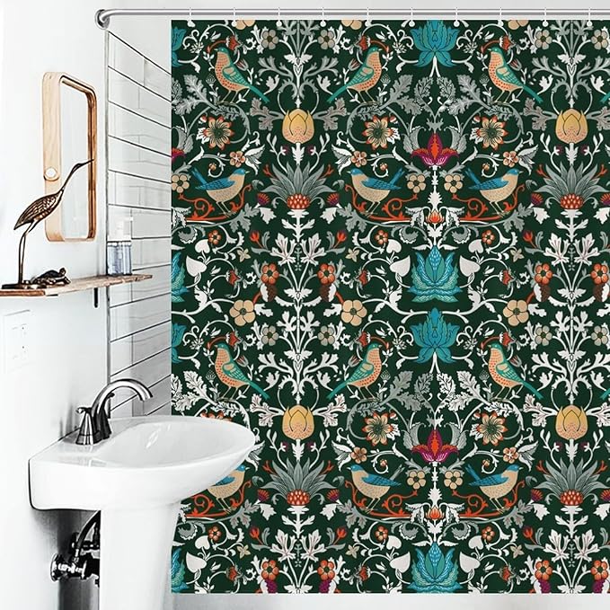 William Morris Shower Curtain,Original Design Vintage Flower Birds Strawberry Thief Pattern Print Shower Curtains Sets Polyester Waterproof Fabric Decor Bathroom Curtain 72"×72" Inch With 12 Hooks