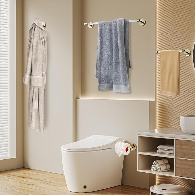 SHUNLI Bathroom Accessories Hardware Set 4 Pieces Wall Mounted,Towel Rack+Hand Towel Holder+Toilet Paper Holder+Hook,Brass and Acrylic,Gold Towel Bar Set