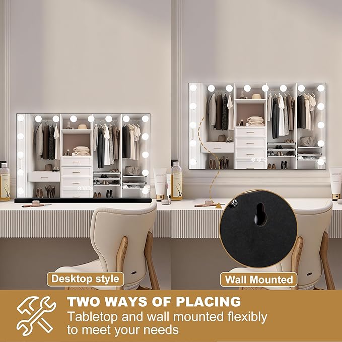 Moonee Black Vanity Mirror with Lights, Hollywood Lighted Makeup Mirror with 17 Dimmable Bulbs and 10X Magnification, 3 Colors Modes, Aluminum Metal Frame, Light Up Mirror for Tabletop/Wall（26" x 20"）