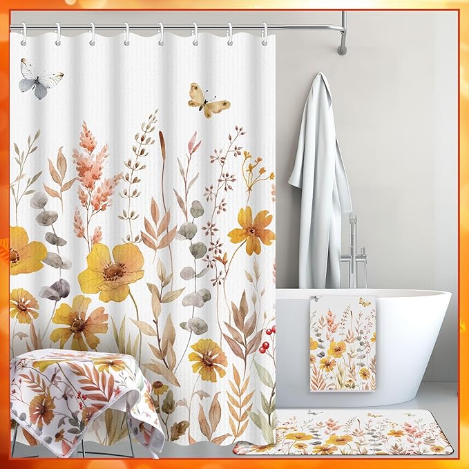 Nuanchu 6 Pcs Thanksgiving Shower Curtain Set with Rug Bathroom Sets with Shower Curtain Bath Mat U Shaped Mat Toilet Lid Cover 2 Bath Towels and 12 Hooks Fall Floral Bathroom Decor