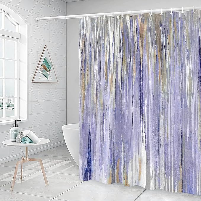 JAWO Abstract Shower Curtain, Modern Aesthetic Stripe Shower Curtain Sets with 12 Hooks for Bathtub Bathroom Gray Purple Contemporary Abstract Painting Fabric