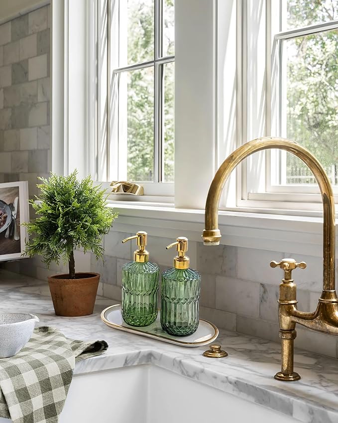 JASAI 18Oz Green Glass Soap Dispenser with Gold Rust Proof Pump, Refillable Kitchen soap Dispenser for Dish Soap, Soap Dispenser Bathroom for Hand soap, Lotion, Body Wash.