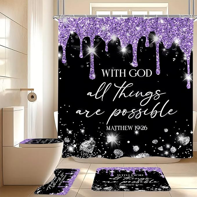 4 Pcs Black Purple Diamonds Shower Curtain Set with Rugs and Toilet Lid Cover, Black White Bible Verse Waterproof Fabric Bathroom Set, Christian Scripture Shower Curtain Bathroom Decor Set Accessories
