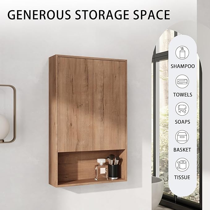 24 Inch Bathroom Wall Cabinet, 24" Wall Mounted Home Storage Cabinet, Bathroom Medicine Cabinet with 2 Soft-Close Door and 1 Adjustable Shelf - Brown