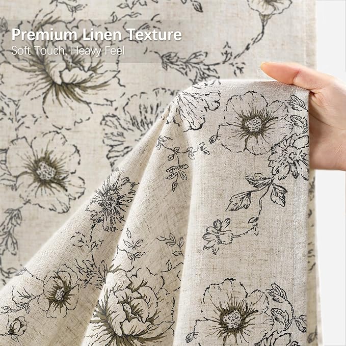 Farmhouse Floral Linen Shower Curtain, Vintage Black Pattern Rustic Shower Curtains for Bathroom, Tan Taupe,72x90