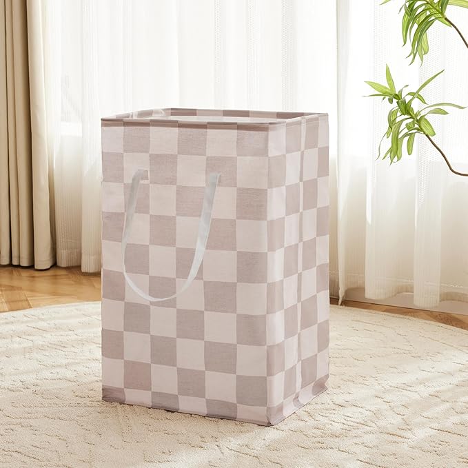 Ohocut Checkered Laundry Hamper, Pack of 2, Large Beige Khaki Collapsible Cloth Hampers Basket for Storage Organization Cute Aesthetic, 2 x 75L