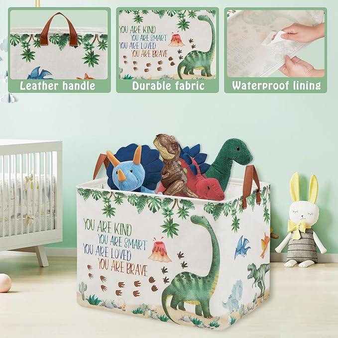 Dinosaur Nursery Decor Baby Gift Basket with Inspirational Quotes Large Kid Storage Chest Trunk Woodland Stone Volcano Book Shelf Basket Collapsible Clothes Toy Bin for Baby Rectangle Hamper,36L