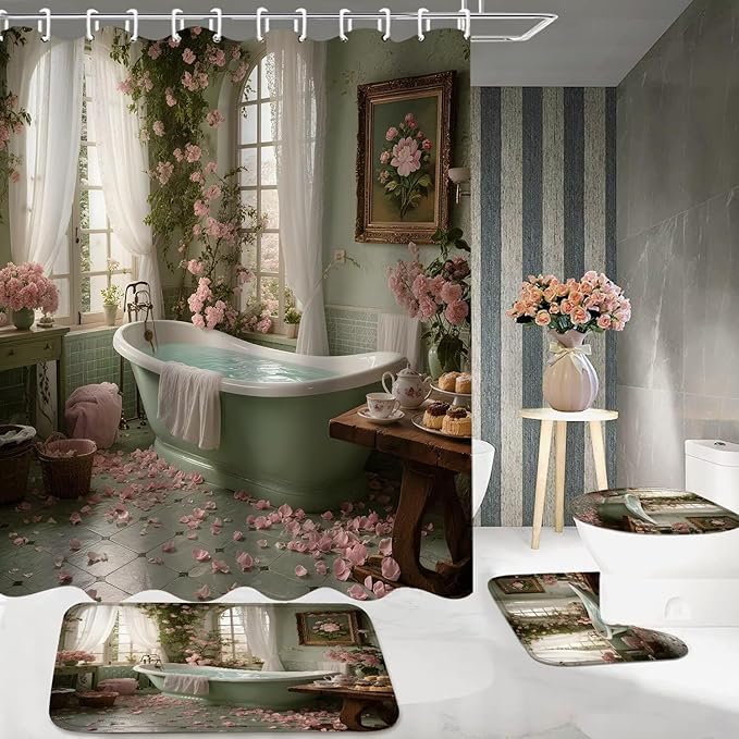 DDQQ 4Pcs Vintage Turquoise Bathtub Shower Curtain Set, Pink Roses Bathroom Sets with Shower Curtain and Rugs, Romantic Bathroom Decor Accessories Shower Curtains for Bathroom Toilet Lid Cover