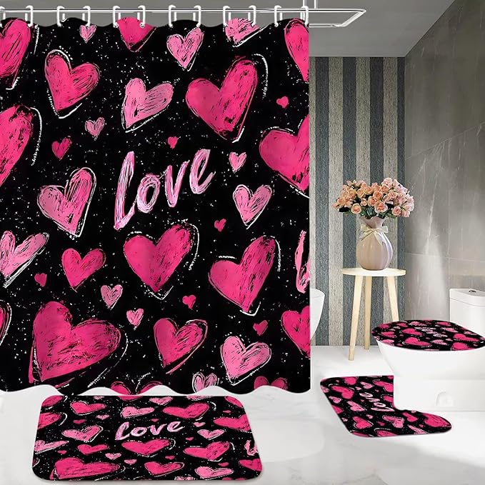 DDQQ 4 Pcs Pink Heart Shower Curtain Set Love Bathroom Sets with Shower Curtain and Rugs Romantic Bathroom Decor Accessories Bathroom Rugs Toilet Lid Cover with Hooks