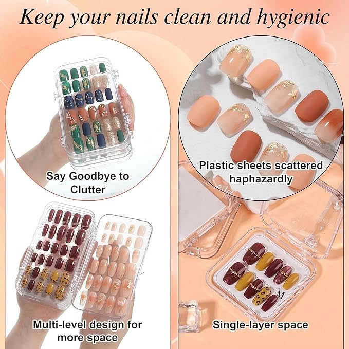 Inmorven Press On Nail Storage Box, Tri-Fold Transparent PET Nail Organizer Case with 30pcs Double-Sided Adhesive Tape, Portable 3-Layer Fake Nails Display Holder for Travel & Home