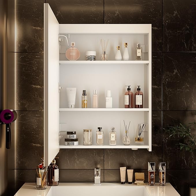 28x20 inch LED Lighted Medicine Cabinet with Mirror, Moisture-Resistant Wood, Stepless Dimmable, 3000K/5500K, Defogger, Adjustable Shelf, Flat-Pack Design – Assembly Required (White)