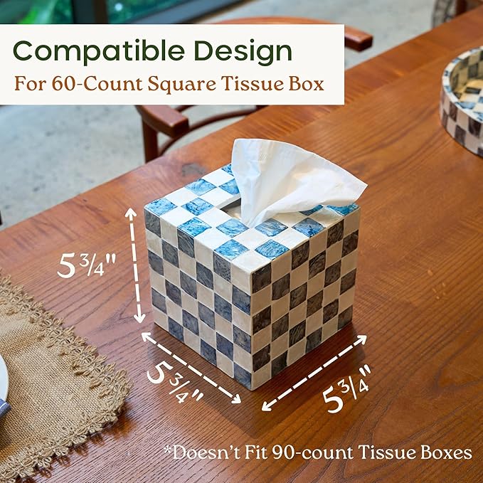 CHI AN HOME 5.7" Square Tissue Box Cover, Handmade Checkered Cube Tissue Box Cover with Capiz Shells, Decorative Tissue Holder for Living Room, Bathroom, Bedroom or Office (Navy Blue)