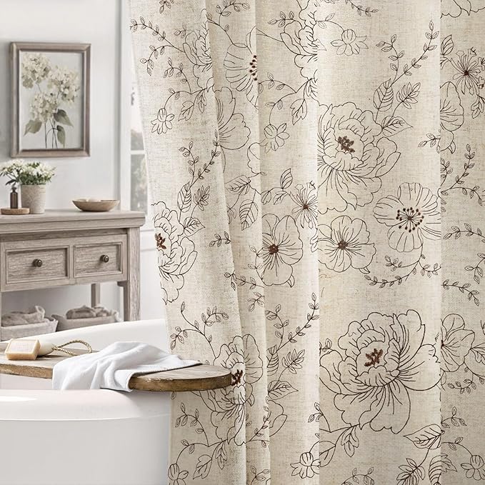 Farmhouse Floral Linen Shower Curtain, Vintage Brown Embroidered Pattern Rustic Shower Curtains for Bathroom, Tan Taupe,72x72