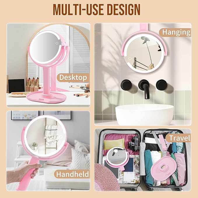 vpu Vanity Makeup Mirror with Lights, 10X/1X Double Sided Magnifying Light up Desk Mirror with Stand Cosmetic Organizer, 3 Color Brightness Adjustable 360° Rotation Detachable for Travel