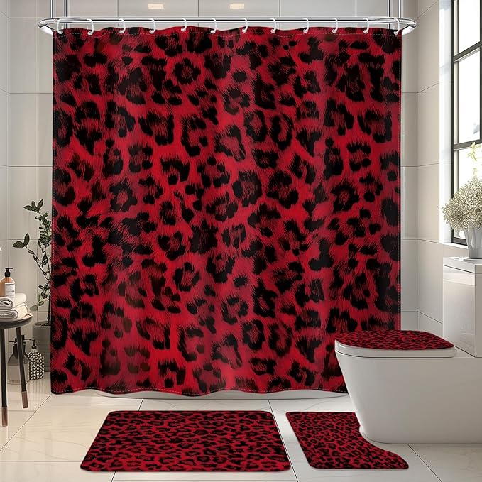 LIGHTINHOME 4 PCS Black Red Leopard Print Shower Curtain Set 72Wx72H,Toilet Lid Cover,Non-Slip Rugs and U-Shaped Mat,Wild Cheetah Bathroom Sets with Rugs with 12 Hooks for Bathroom Decor