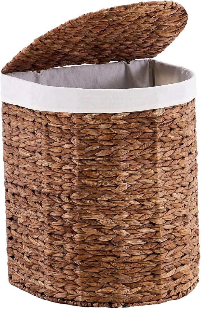 Water Hyacinth Laundry Hamper with lid, Half Moon Shape with 2 Removable Cloth Bags, Handwoven Boho Wicker Basket for Laundry Organization, Espresso