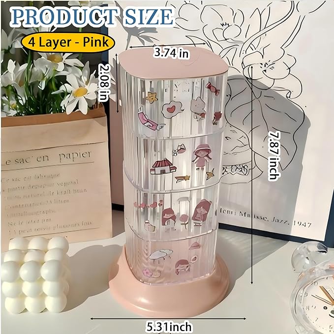 Hair Accessory Organizer, 4-Layer Rotating Clear Hair Tie Organizer for Hair Clips, Headbands, Hair Ties, Earring, Necklace, Ring, Jewelry Boxes & Organizers for Girls & Women (4-Layer，Pink)