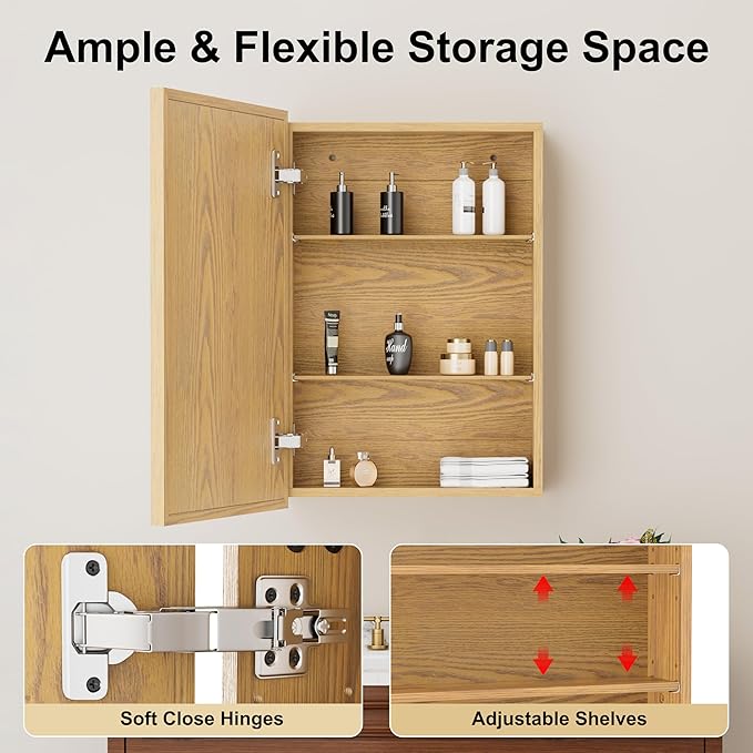 16x24 Inch Wood Medicine Cabinet with Mirror, Surface or Recessed Mounted Bathroom Cabinets with Adjustable Shelves, Soft-Close Hinges, Wall Mounted Cabinet for Storage