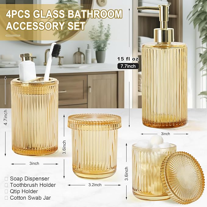 KASUNTING Gold Bathroom Accessories 4 Pcs, Gold Glass Soap Dispenser and Toothbrush Holder Set, Qtip Holder Set, Glass Bathroom Soap Dispenser Set, Yellow Orange Bathroom Decor